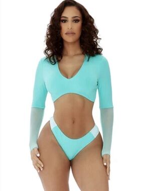 Mint Blue Long Sleeve Bikini Set XL NWT Mesh Surf Swim Two Piece Resort